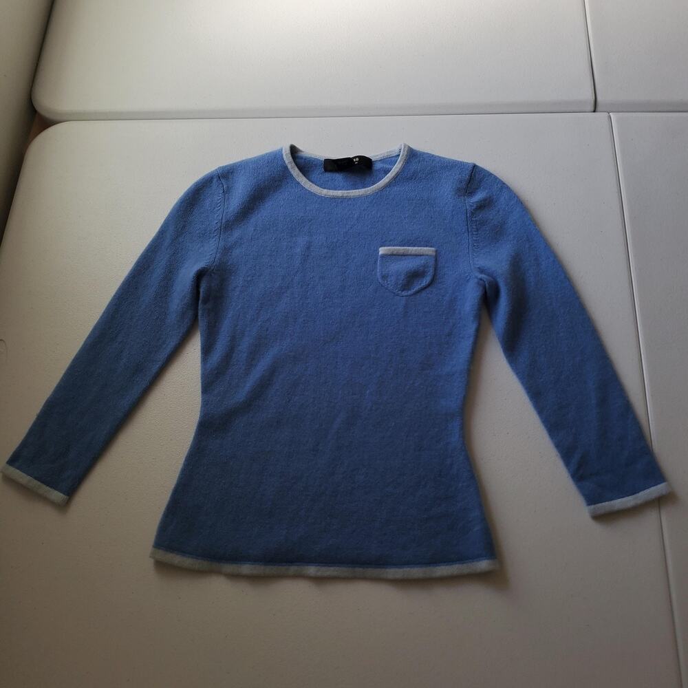 Y2K Express Sweater Womens XS Blue 100% Cashmere Crew Neck Pocket Knit Pullover